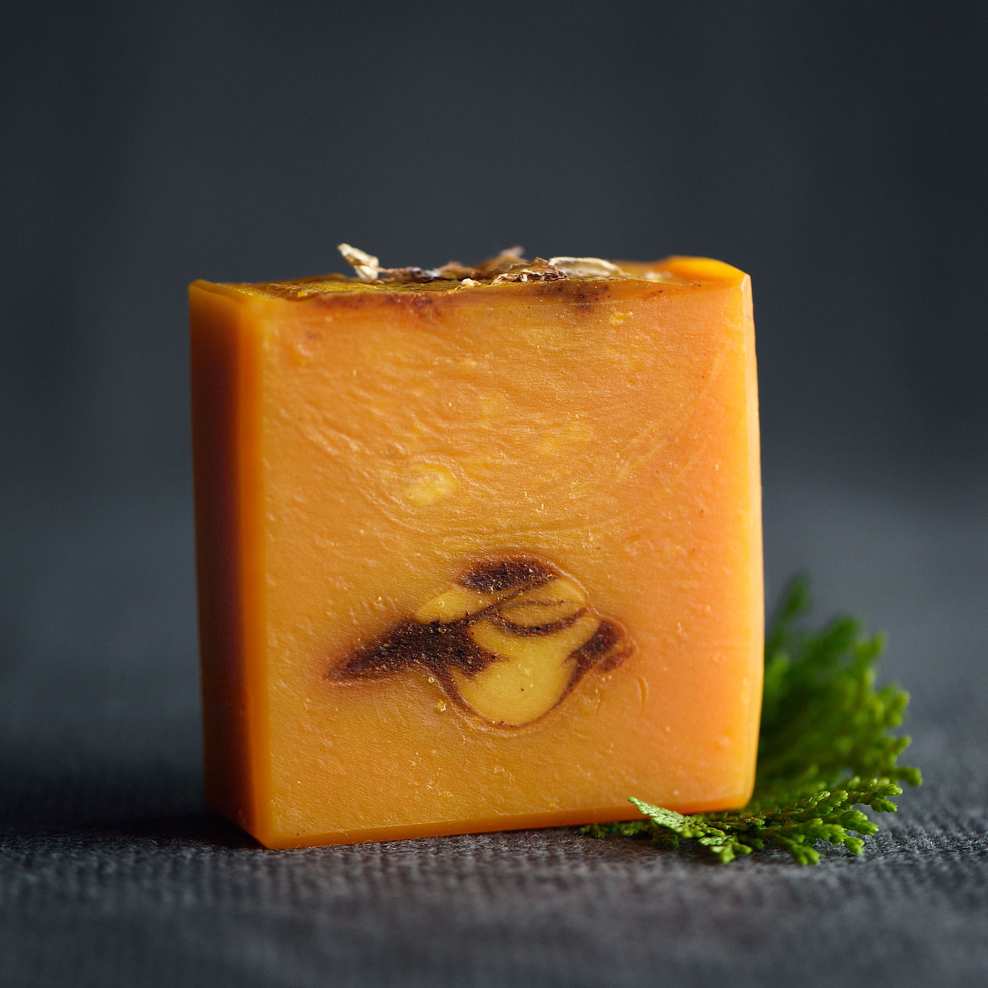 Handcrafted body soap bar displayed with a branch of cedarwood