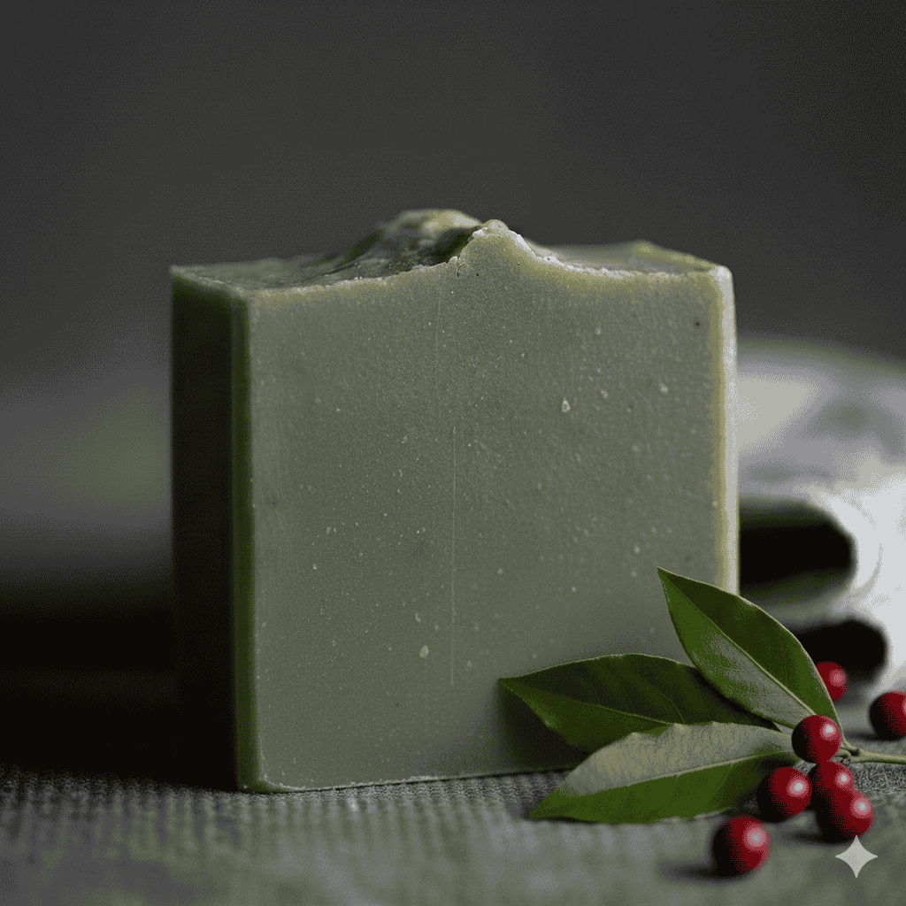 Handcrafted body soap bar displayed with red laurel bay leaves