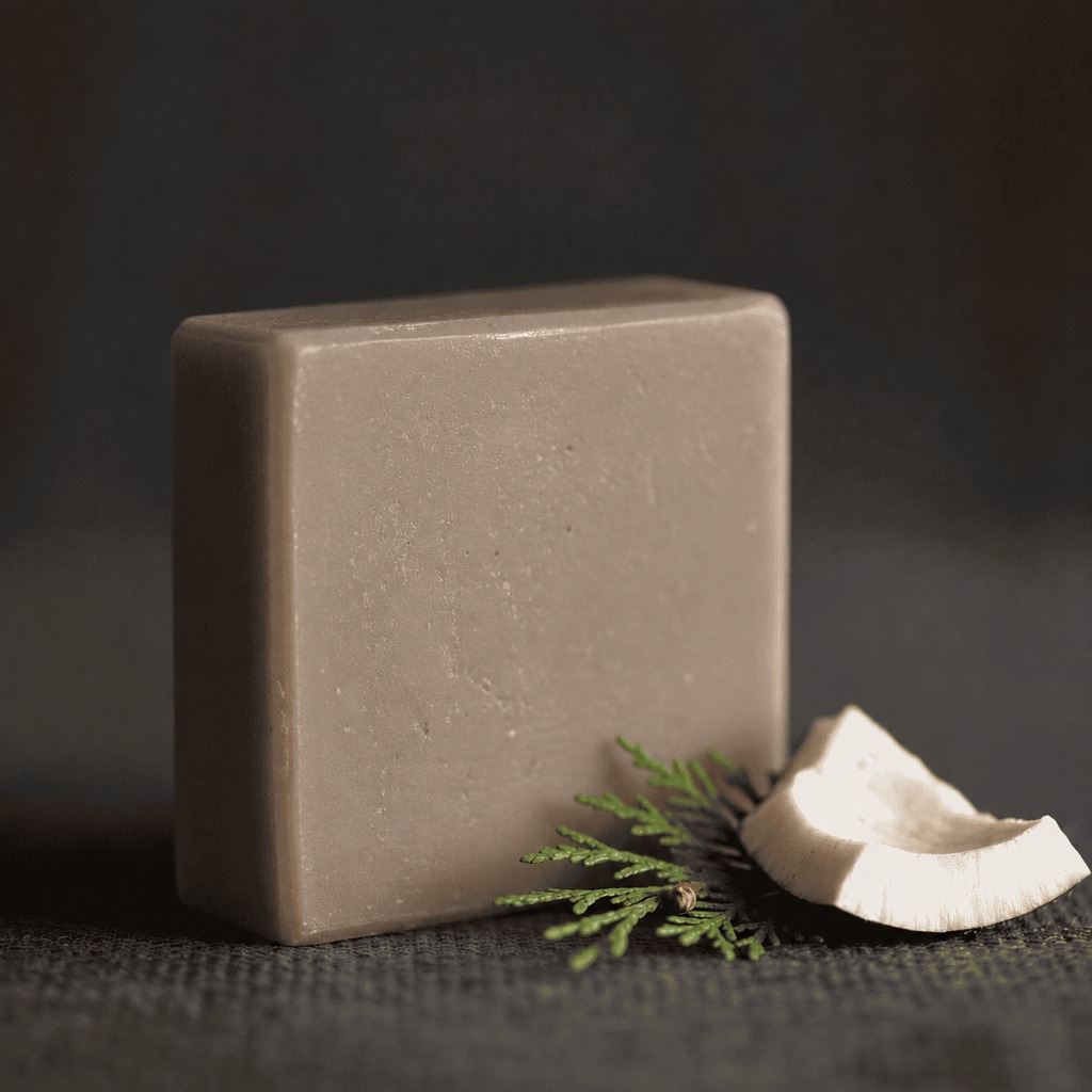 Gentle face soap bar displayed with a cypress branch and a piece of coconut