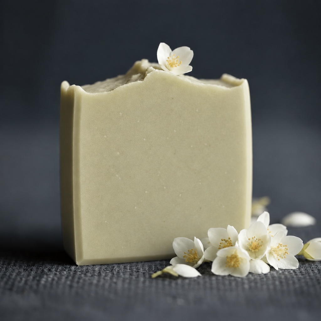 Gentle face soap bar displayed with white jasmine flowers