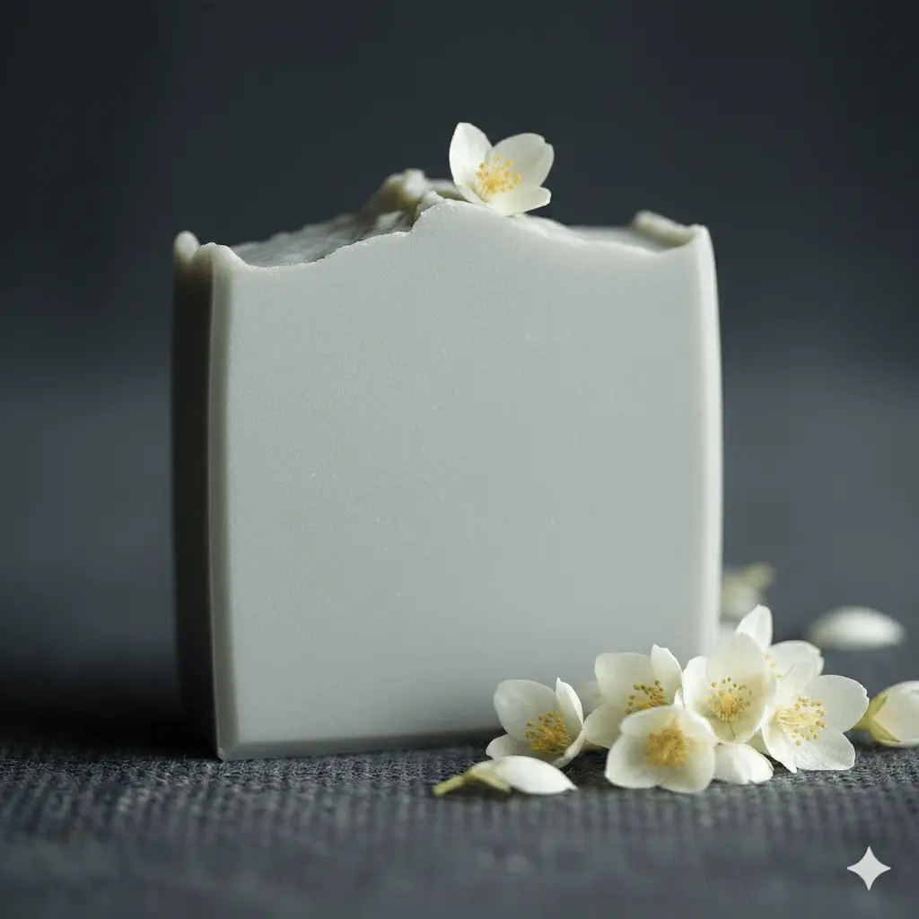Gentle face soap bar displayed with soft jasmine petals