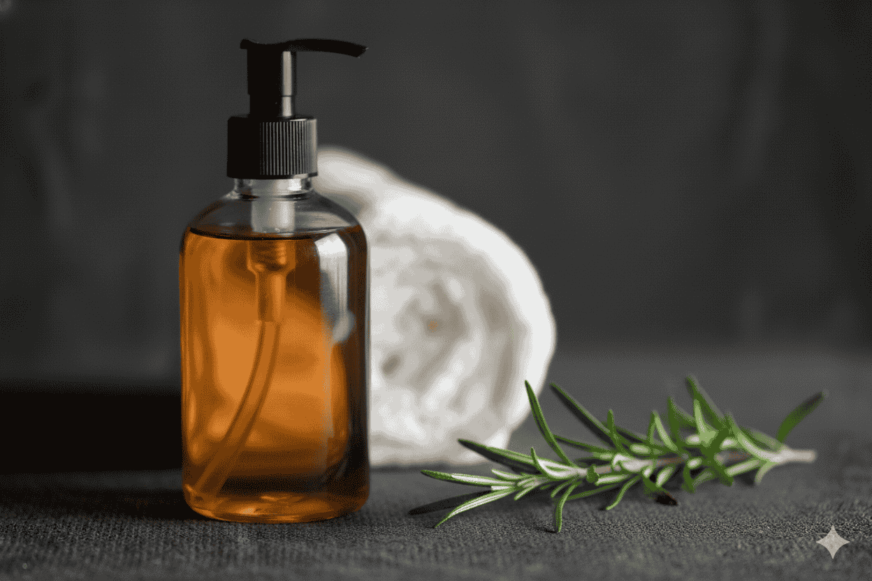 Amber glass bottle with a rosemary branch beside it and a rolled white towel in the background