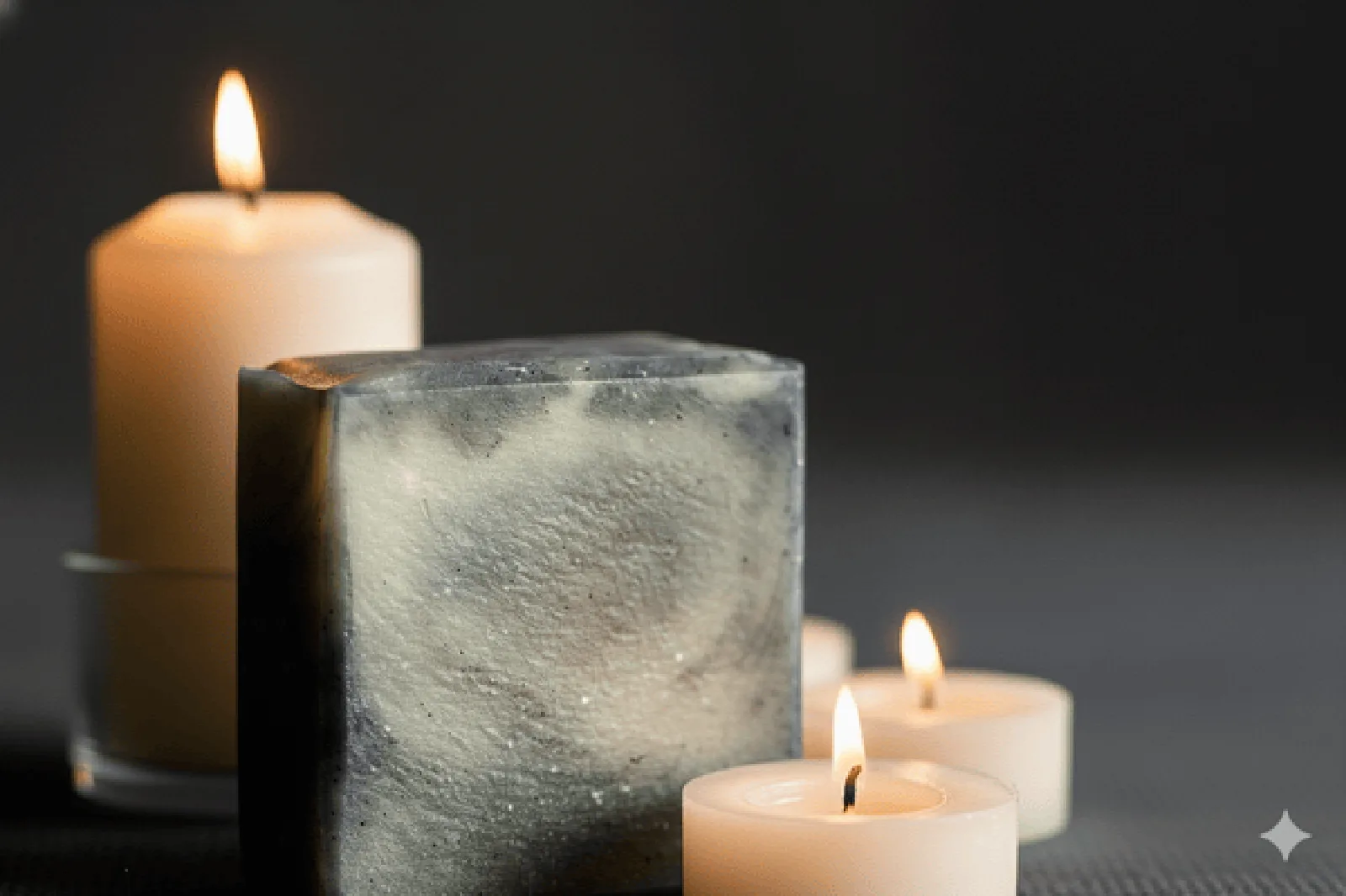 Photo of two handcrafted soap bars in front of a brown towel alongside candles, illustrating how Soapdia's formula lasts longer than standard soaps