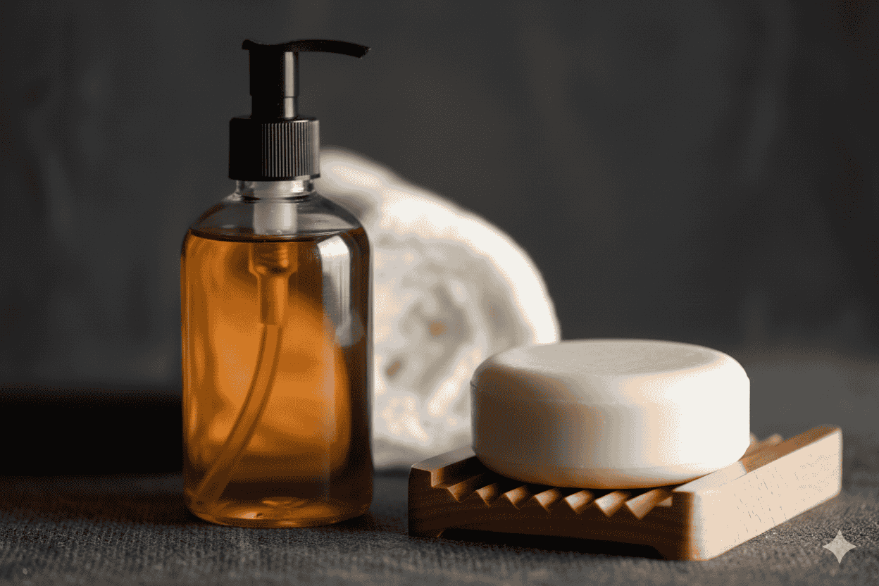 Amber glass bottle placed beside a white round solid shampoo bar
