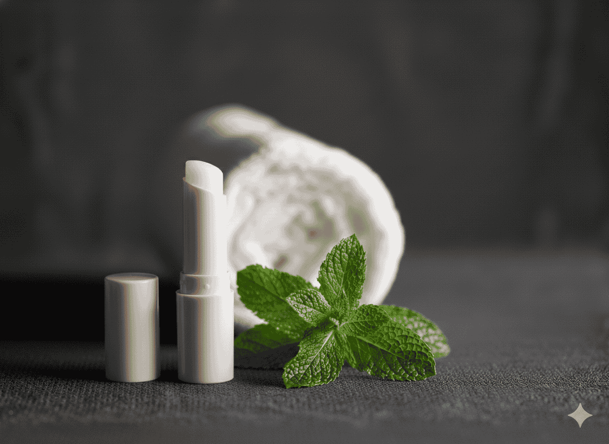 Mint lip balm displayed with a fresh mint leaf beside it